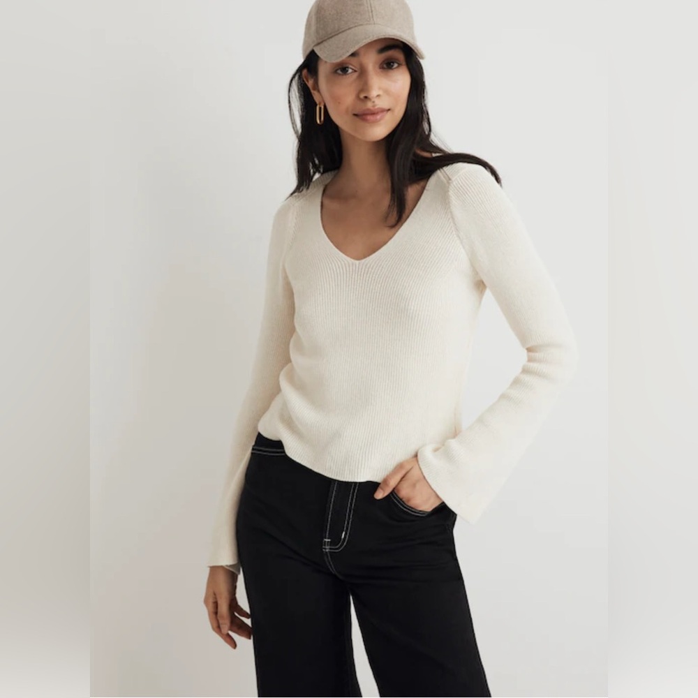 Madewell Flared-Sleeve V-Neck Sweater in Antique Cream Size‎ XL